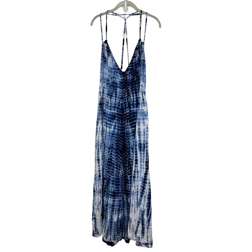 Lord & Taylor Design Lab Blue Tie Dye Strappy Boho Rayon Maxi Dress Size L New